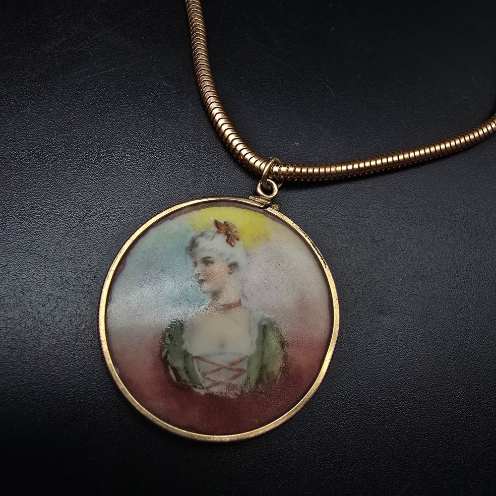Hand Painted Lady Portrait Necklace Pendant Vintage Jewelry